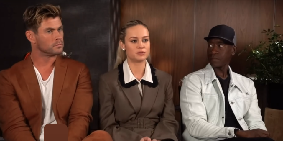 Brie Larson, with Chris Hemsworth and Don Cheadle (Credit: YouTube)