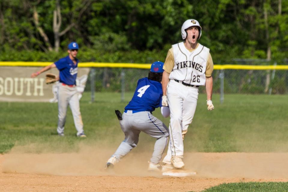 Clarkstown South's Aidan Proctor reacts to hitting a double. Clarkstown South defeated Carmel in the Section 1 Class AA opening round playoff game at Clarkstown South High School on May 15, 2023.