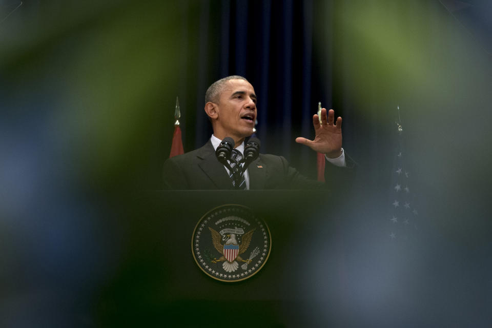 <p>U.S. President Barack Obama speaks at the National Convention Center in Hanoi, Vietnam, Tuesday, May 24, 2016. After knocking down one of the last vestiges of Cold War antagonism with a former war enemy, Obama on Tuesday took his push for closer ties directly to the Vietnamese people, meeting with activists and entrepreneurs and arguing that better human rights would boost the communist country’s economy, stability and regional power. (AP Photo/Carolyn Kaster) </p>