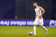 Croatia's Marcelo Brozovic is in action during the UEFA Nations League soccer match between Croatia and Denmark at the Maksimir stadium in Zagreb, Croatia, Thursday, Sept. 22, 2022. (AP Photo/Darko Bandic)