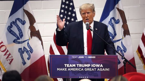 PHOTO: Former President Donald Trump greets supporters at a Team Trump volunteer leadership training event held at the Grimes Community Complex on June 1, 2023, in Grimes, Iowa. (Scott Olson/Getty Images)