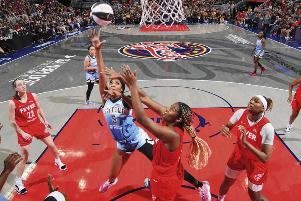 Chicago Sky's Angel Reese shoots a layup