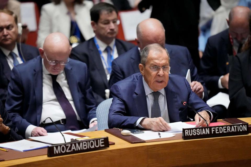 PHOTO: Russian Foreign Minister Sergey Lavrov speaks during a high level Security Council meeting on the situation in Ukraine, Sept. 20, 2023, at United Nations headquarters in New York. (Mary Altaffer/AP)