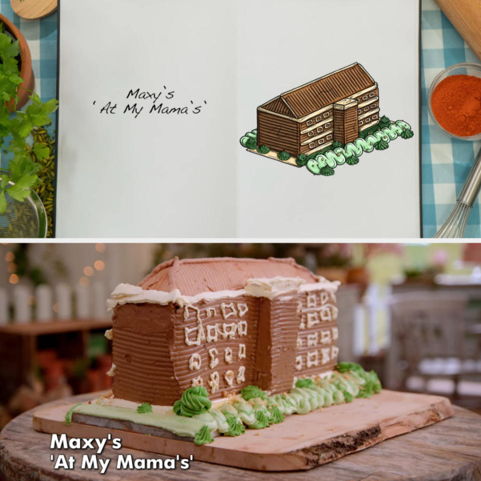 Drawing of Maxy's showstopper cake side by side with the actual bake