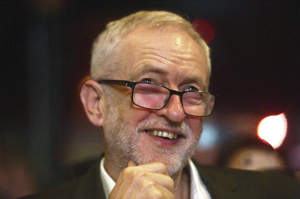 Britain's main opposition Labour Party leader Jeremy Corbyn at the Theatre Royal Stratford East in London, ahead of announcing his party's "arts for all" policy, Sunday Nov. 24, 2019. Britain's Brexit is one of the main issues for political parties and for voters, as the UK goes to the polls in a General Election on Dec. 12. (Kirsty O'Connor/PA via AP)