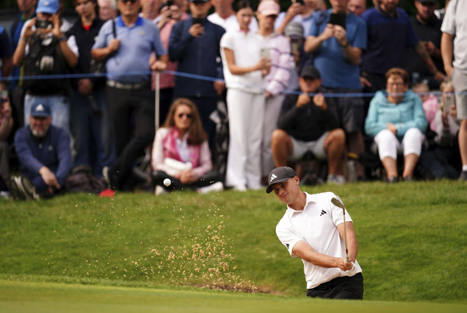 Sweden's Ludvig Aberg in action during day four of the 2023 PGA Championship at Wentworth Golf Club in Virginia Water, Surrey, England, Sunday, Sept. 17, 2023. (John Walton/PA via AP)