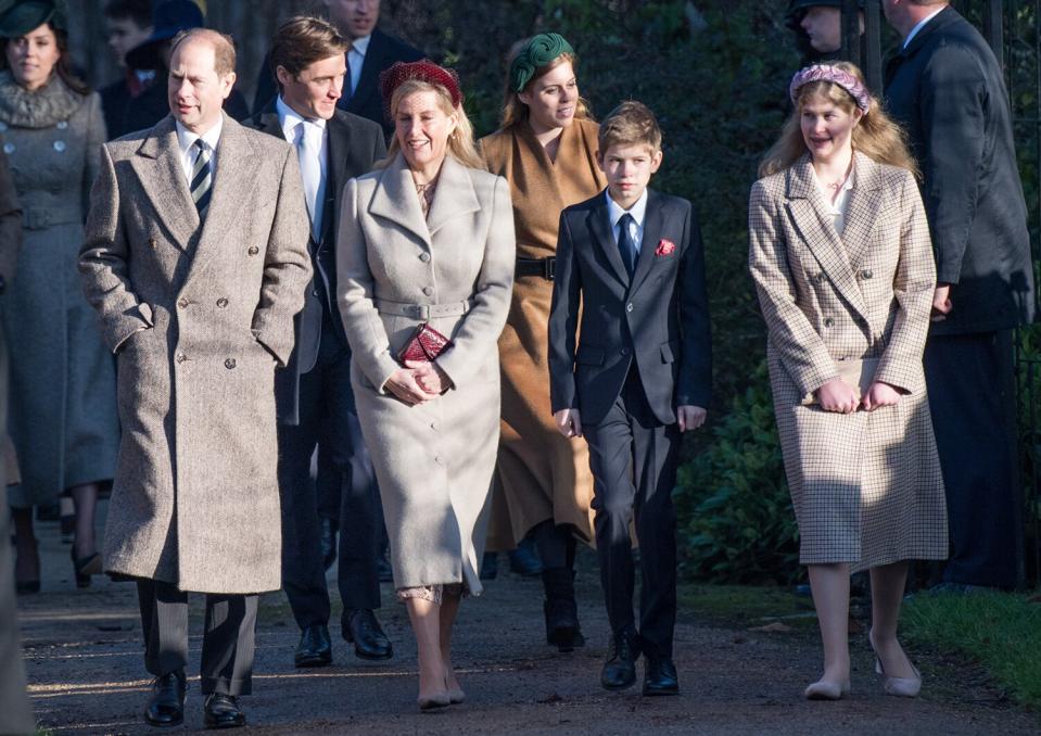 Prince Edward, Earl of Wessex and Sophie, Countess of Wessex with James Viscount Severn and Lady Louise Windsor attend the Christmas Day Church service at Church of St Mary Magdalene on the Sandringham estate on December 25, 2019 in King's Lynn, United Kingdom