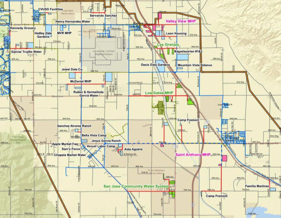 A map from the Coachella Valley Water District identifies the top five priority projects: St. Anthony Mobile Home Park, Valley View Mobile Home Park, Los Gatos Mobile Home Park, the San Jose Community Water System, and Las Granjas, along with nearby smaller systems. St. Anthony and Valley View and their neighbors were identified as the highest priorities.