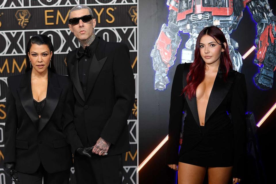 <p>Jay L. Clendenin / Los Angeles Times via Getty; Kevork Djansezian/Getty</p> Kourtney Kardashian, Travis Barker and Atiana De La Hoya