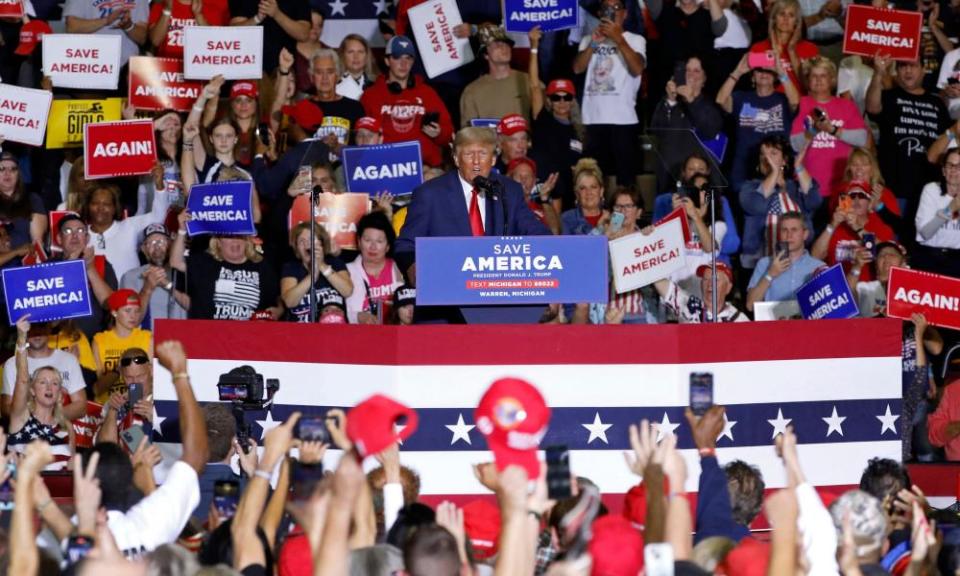 Donald Trump speaks during a Save America rally at Macomb County Community College Sports and Expo Center in Warren, Michigan, this month.