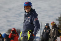 United States' Mikaela Shiffrin inspects the course during an alpine ski, women's World Cup slalom, in Are, Sweden, Sunday, March 10, 2024. Shiffrin is returning to competitions after her crash in the Cortina d'Ampezzo downhill in January, where she suffered an MCL sprain as well as a tibia-fibula ligament sprains at both the knee and ankle. (AP Photo/Alessandro Trovati)