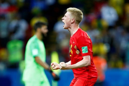 Breakthrough: Kevin De Bruyne's first goal of the 2018 World Cup saw Belgium beat Brazil