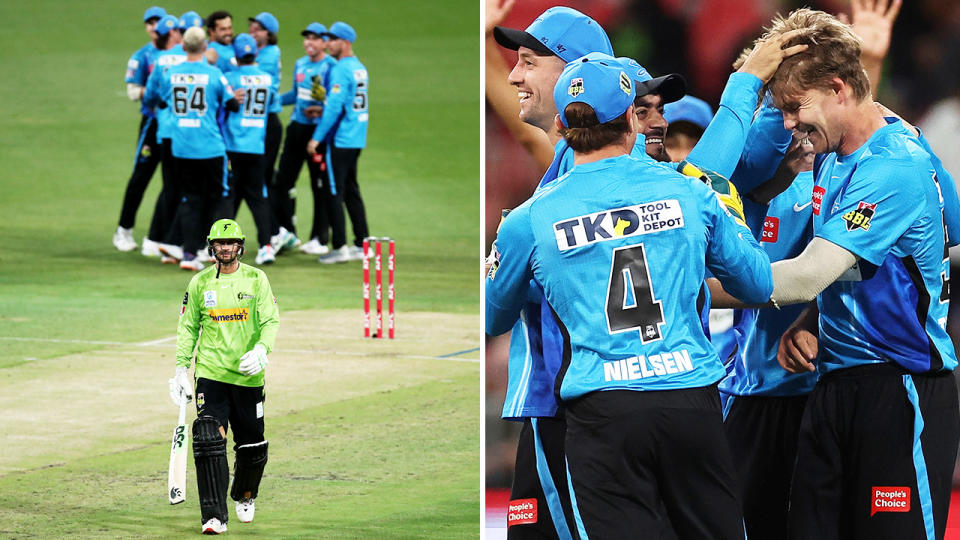 The Sydney Thunder, pictured here after being bowled out for 15 against the Adelaide Strikers in the BBL.