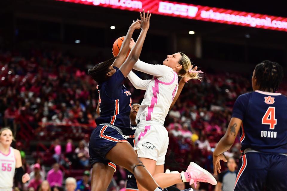 Arkansas women's basketball forward Saylor Poffenbarger drives to the rim during the Razorbacks' win over Auburn earlier this year.