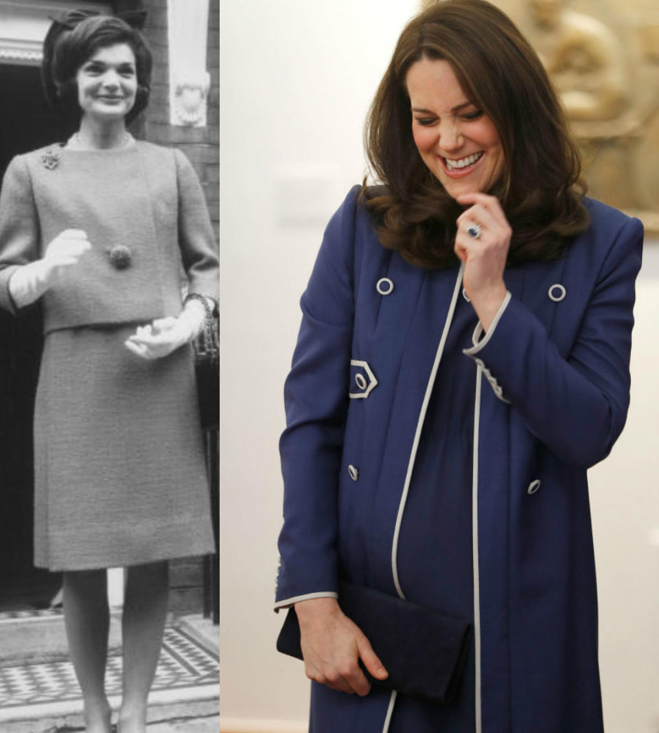 <p><strong>When: Feb. 27, 2018</strong><br>Kate Middleton stunned in a knee-length custom Jenny Packham blue coat-dress ensemble on Tuesday as she toured the Royal College of Obstetricians and Gynecologists in London, and it’s giving us some serious Jackie Kennedy vibes — the late U.S. First Lady was also a fan of wearing dresses with matching coats.<em> (Photo: Getty)</em> </p>