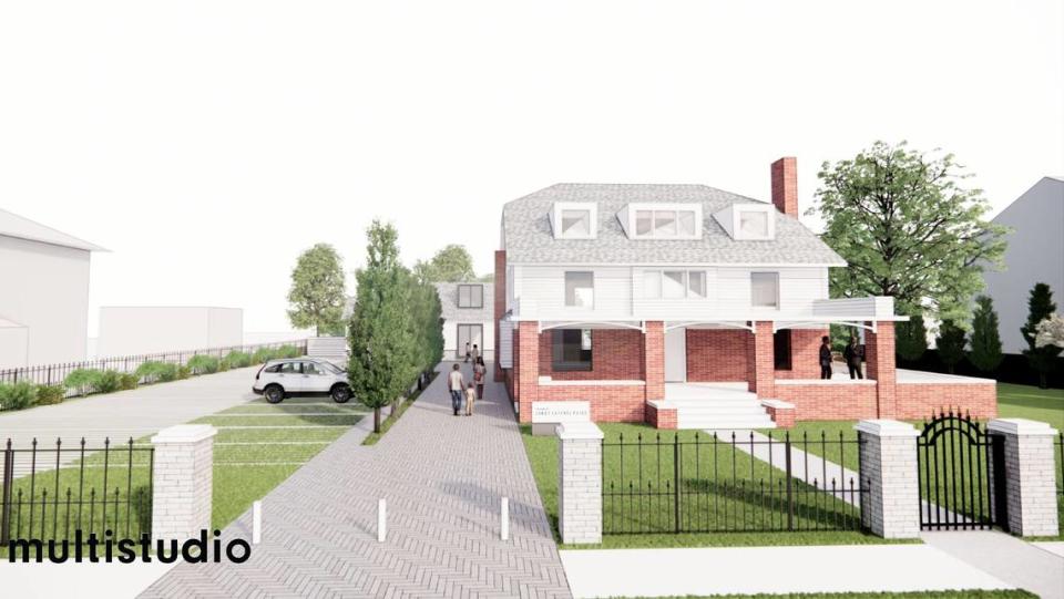 Exterior rendering of the Satchel Paige home as it might look when restoration is complete. The project would include a museum, private office space for lease, and a clubhouse, gift shop, a catering kitchen and a large meeting space.