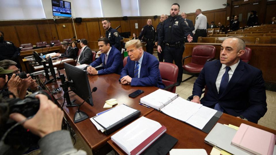 PHOTO: Former President Donald Trump attends jury selection with his attorneys Todd Blanche (L) and Emil Bove on the second day of his trial at Manhattan Criminal Court, Apr. 16, 2024, in New York City.  (Curtis Means/Pool via Reuters)