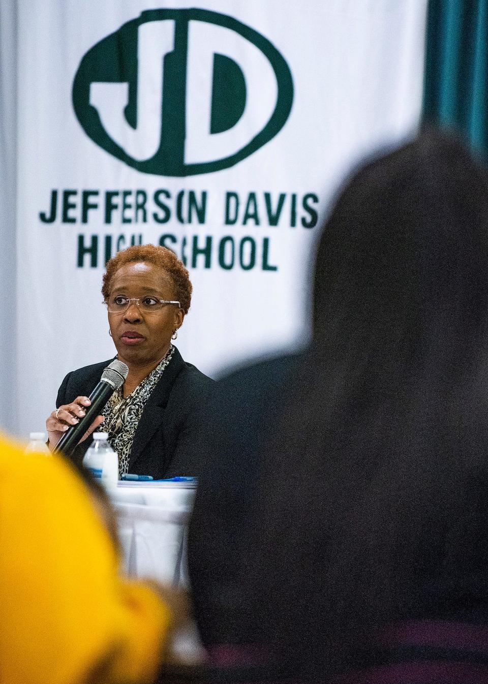 Sylvia Goshton speaks as the Jeff Davis High School Youth in Government Club hosts an education Summit at the school in Montgomery, Ala., on Thursday January 17, 2019.