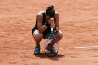 Maria Sakkari of Greece reacts as she defeats Poland's Iga Swiątek during their quarterfinal match of the French Open tennis tournament at the Roland Garros stadium Wednesday, June 9, 2021 in Paris. (AP Photo/Thibault Camus)