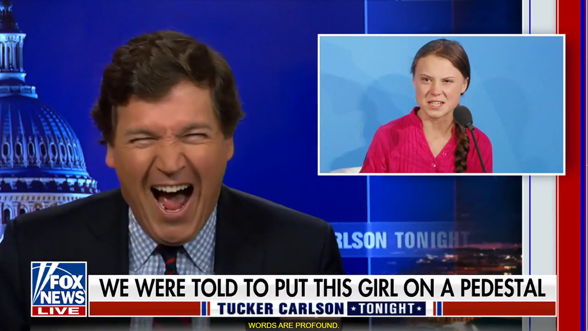 Fox News host Tucker Carlson laughs while mocking Greta Thunberg and ridiculing poet Amanda Gorman  (Fox News )