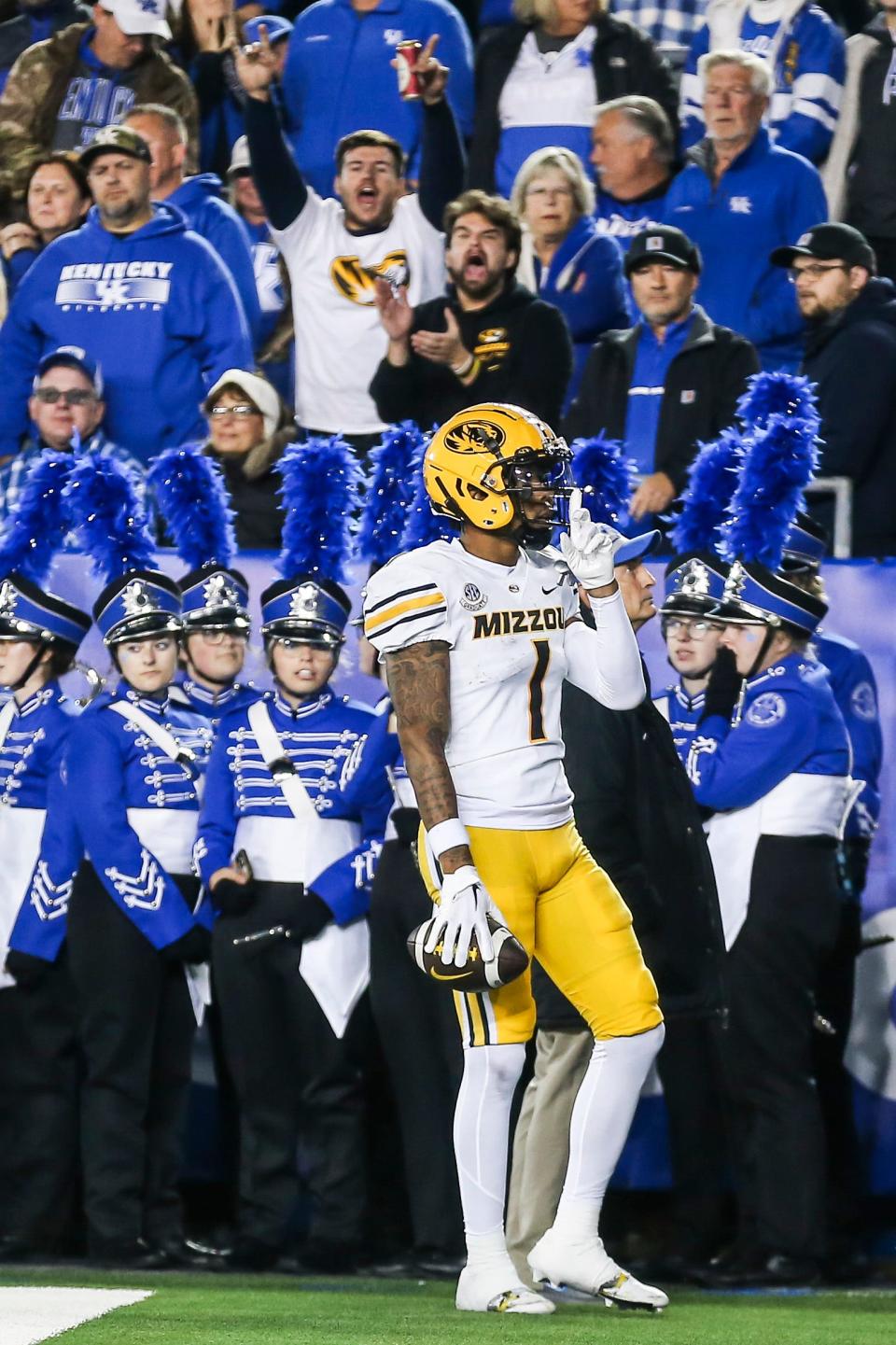 Missouri Tigers wide receiver Theo Wease Jr. puts his finger to his lips to quiet the UK crowd after his touchdown reception to put the Tigers up 17-14 over the Wildcats. Oct. 14, 2023.