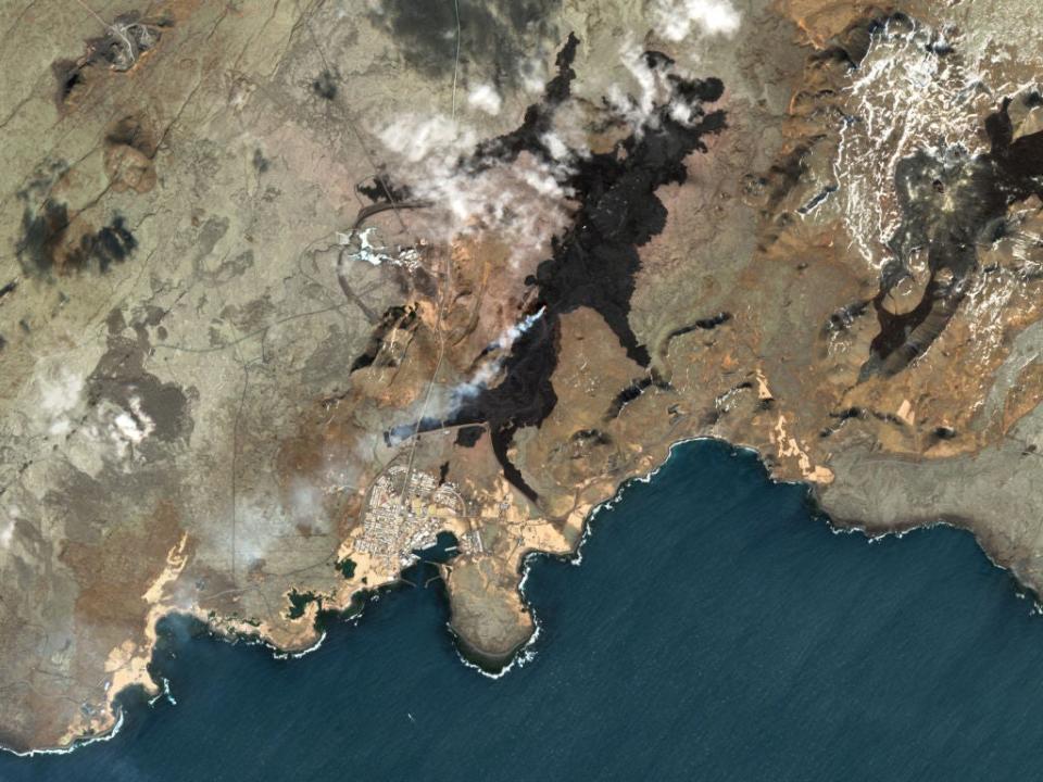 Natural satellite image shows the lava flow from a volcanic eruption near Grindavík, Iceland. Earth walls were built to protect the town and Svartsengi geothermal power plant from the eruption. Imaged 1 April 2024. (Photo by Gallo Images/Orbital Horizon/Copernicus Sentinel Data 2024)