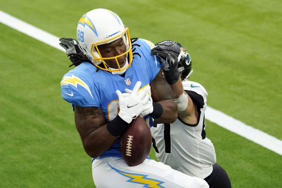 Los Angeles Chargers tight end Virgil Green catches a touchdown pass against the Jacksonville Jaguars during the second half of an NFL football game Sunday, Oct. 25, 2020, in Inglewood, Calif. (AP Photo/Alex Gallardo )