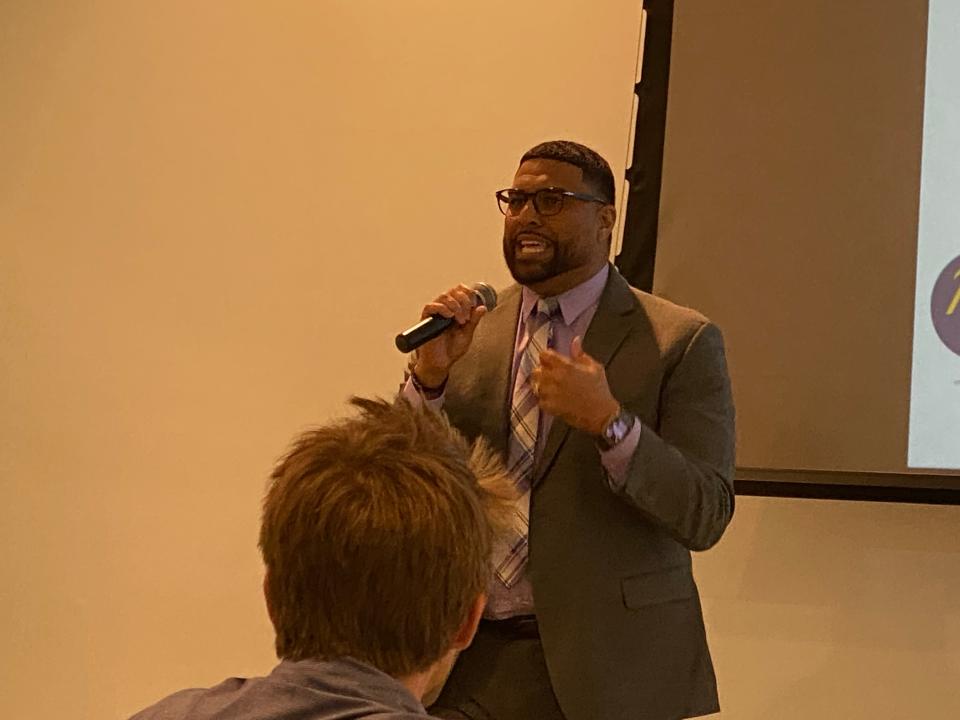 Riviera Beach City Manager Jonathan Evans addressing developers and other business officials Wednesday at the city's Marina Event Center.