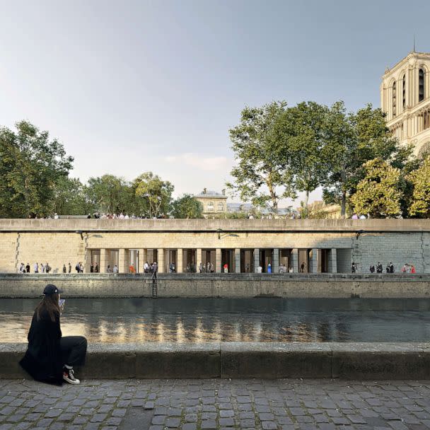 PHOTO: An illustration shows the propposed new passage into Notre Dame from the wharf of Montebello on the Seine. The project is a collaboration between landscape architect Bas Smets, urban planner agency GRAU, and architecture agency Neufville-Gayet. (Studio Alma pour le Groupement BBS)