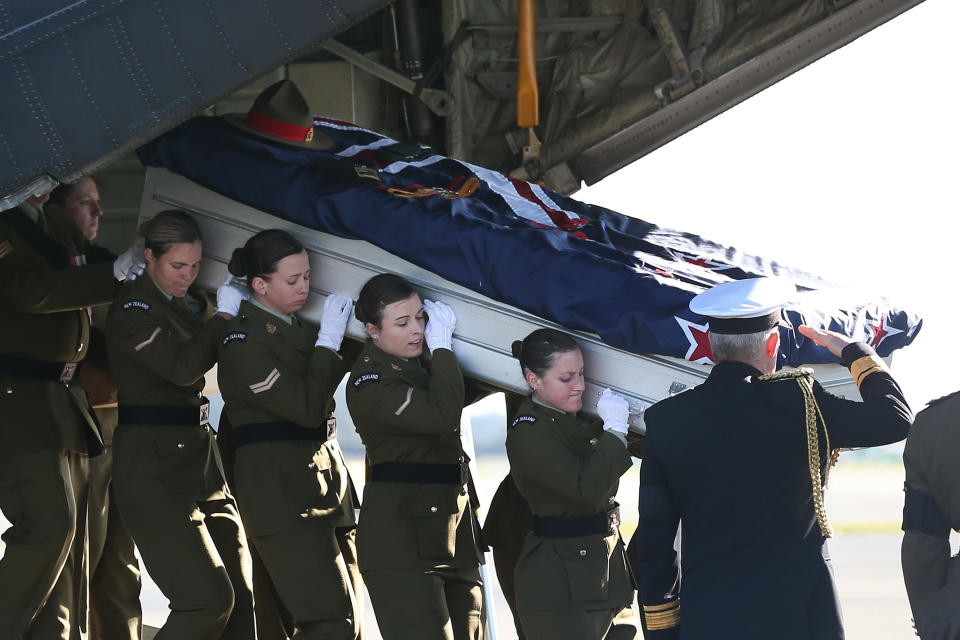 CHRISTCHURCH, NEW ZEALAND - AUGUST 23: All female pallbearers carry the coffin of Lance Corporal Jacinda Baker at the Military ramp ceremony held for Corporal Luke Tamatea, Lance Corporal Jacinda Baker and Private Richard Harris on August 23, 2012 in Christchurch, New Zealand. The three fallen New Zealand soldiers where fatally wounded in action on August 4, 2012, in the Bayman Province in Afghanistan. (Photo by Martin Hunter/Getty Images)