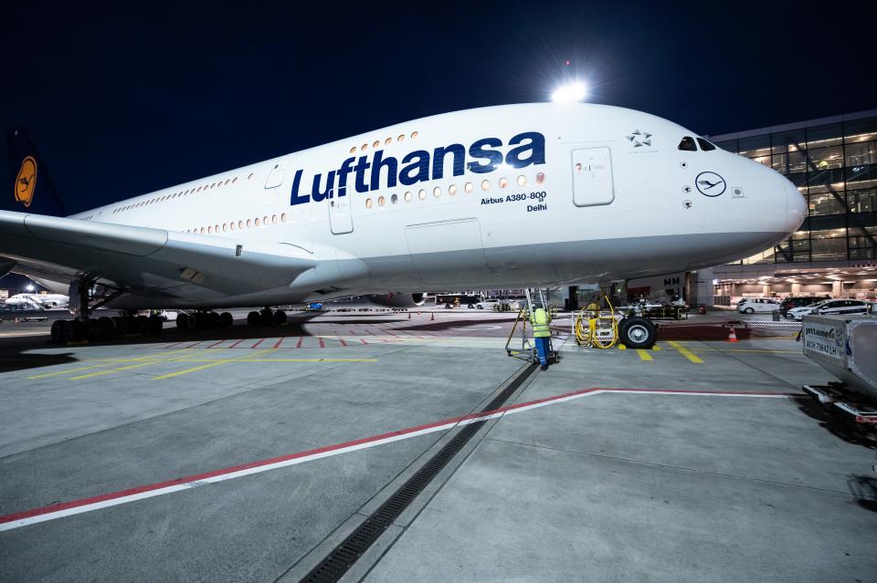 An Airbus A380 of the airline Lufthansa is in its parking position after landing at Frankfurt Airport.