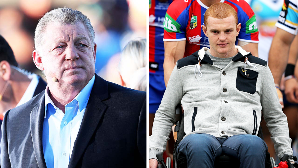 Former NRL player Alex McKinnon (pictured right) entering the field and (pictured left) Gus Gould during commentary.