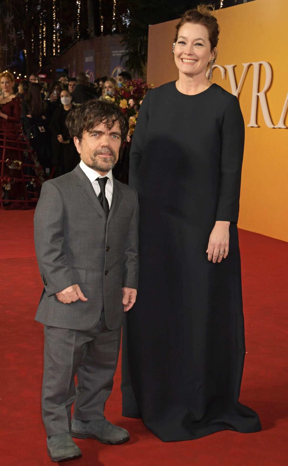 Peter Dinklage and Erica Schmidt attend the UK Premiere of "Cyrano" at Odeon Luxe Leicester Square on December 7, 2021 in London, England