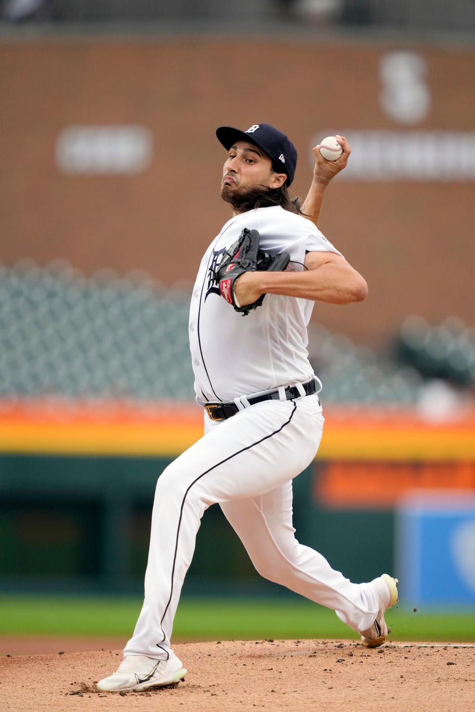 Detroit Tigers starting pitcher Alex Faedo throws during the first inning against the Minnesota Twins at Comerica Park in Detroit on Wednesday, Aug. 9, 2023.