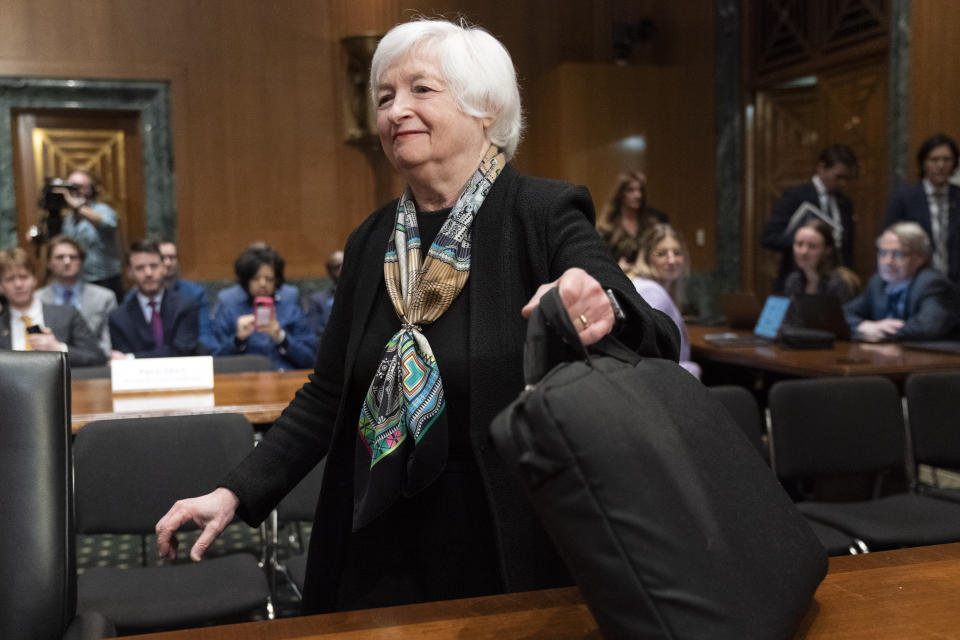 Treasury Secretary Janet Yellen arrives to testify to the Senate Finance committee about the President's proposed budget request for the fiscal year 2024, Thursday, March 16, 2023, on Capitol Hill in Washington. (AP Photo/Jacquelyn Martin)