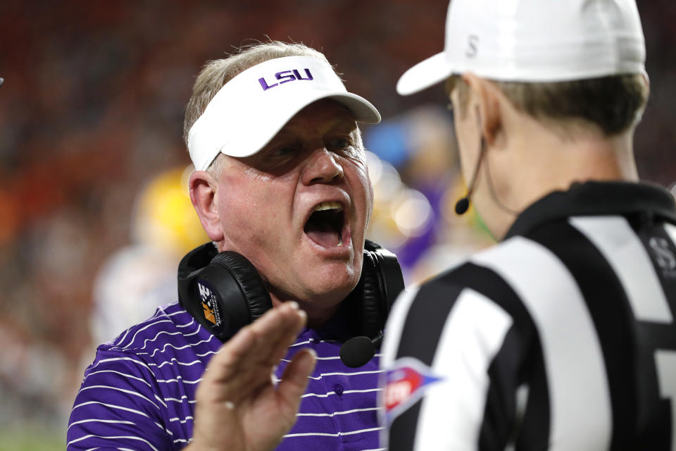 Oct 1, 2022; Auburn, Alabama, USA; LSU Tigers head coach Brian Kelly complains to an official during the second quarter against the Auburn Tigers at Jordan-Hare Stadium. Mandatory Credit: John Reed-USA TODAY Sports