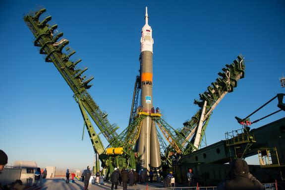 A Russian Soyuz rocket rolls out to its launch pad at Baikonur Cosmodrome in Kazakhstan ahead of the launch of three new members of the International Space Station's Expedition 42/43 crew. Liftoff is set for Nov. 23, 2014.