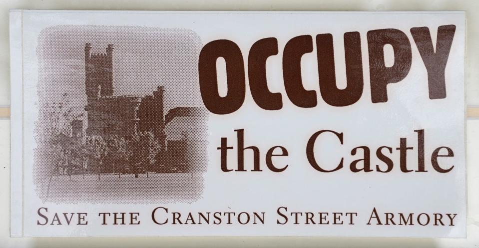 A piece of Cranston Street Armory memorabilia in the collection of the West Broadway Neighborhood Association, which has tried for decades to drum up support for redevelopment of the Providence landmark.