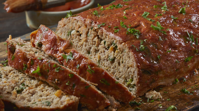 Sliced meatloaf on plate