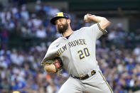 Milwaukee Brewers starting pitcher Wade Miley delivers during the first inning of a baseball game against the Chicago Cubs Monday, Aug. 28, 2023, in Chicago. (AP Photo/Charles Rex Arbogast)