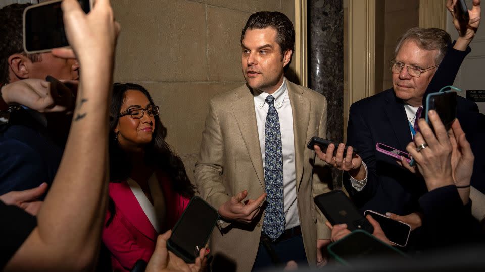 Rep. Matt Gaetz speaks to reporters at the Capitol on April 18, 2024. - Kent Nishimura/Getty Images