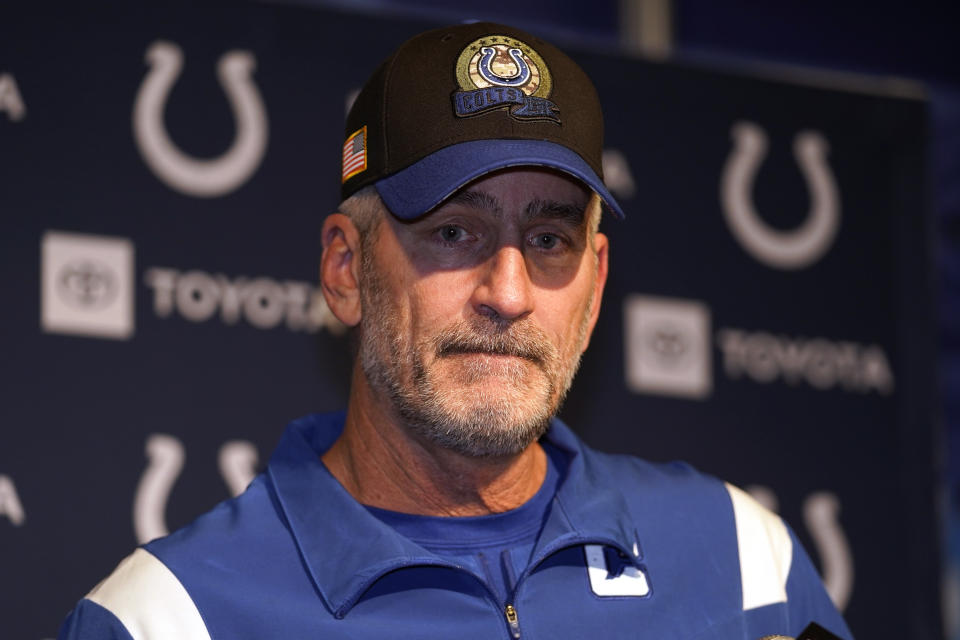 FILE - Indianapolis Colts head coach Frank Reich faces reporters following an NFL football game against the New England Patriots, Sunday, Nov. 6, 2022, in Foxborough, Mass. The Indianapolis Colts have fired coach Frank Reich after another lackluster offensive performance in the team's third consecutive loss. The Colts announced the move on Monday, Nov. 7, 2022, one day after it went 0 for 14 on third down and totaled just 121 yards of offense in an ugly 26-3 loss at New England. (AP Photo/Charles Krupa, File)