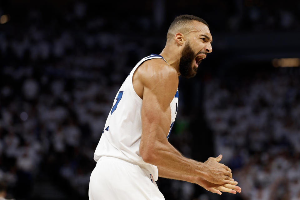 MINNEAPOLIS, MINNESOTA - MAY 12: Rudy Gobert #27 of the Minnesota Timberwolves reacts during the second quarter against the Denver Nuggets in Game Four of the Western Conference Second Round Playoffs at Target Center on May 12, 2024 in Minneapolis, Minnesota. NOTE TO USER: User expressly acknowledges and agrees that, by downloading and or using this photograph, User is consenting to the terms and conditions of the Getty Images License Agreement. (Photo by David Berding/Getty Images)