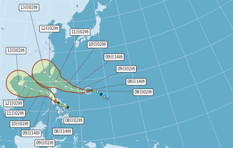 「璨樹」今晨已快速增強為中度颱風，不能排除跨過「強颱」門檻。（圖／中央氣象局）
