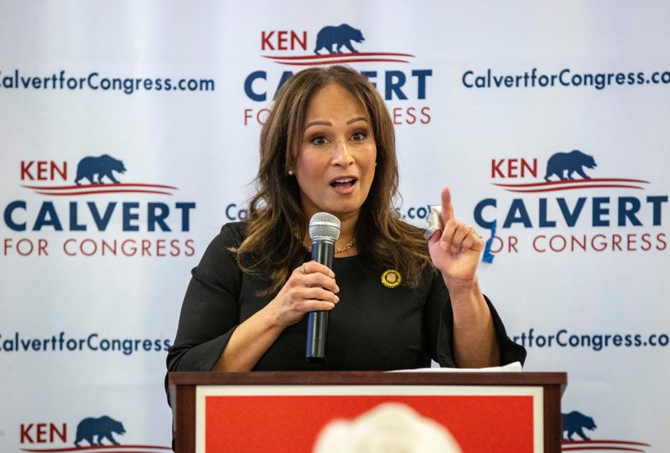 California State Sen. Rosilicie Ochoa Bogh speaks during the opening for Rep. Ken Calvert's office in Palm Desert, Calif., Saturday, Jan. 13, 2024. The location will also serve as a campaign office for the California Republican Party and the National Republican Congressional Committee.