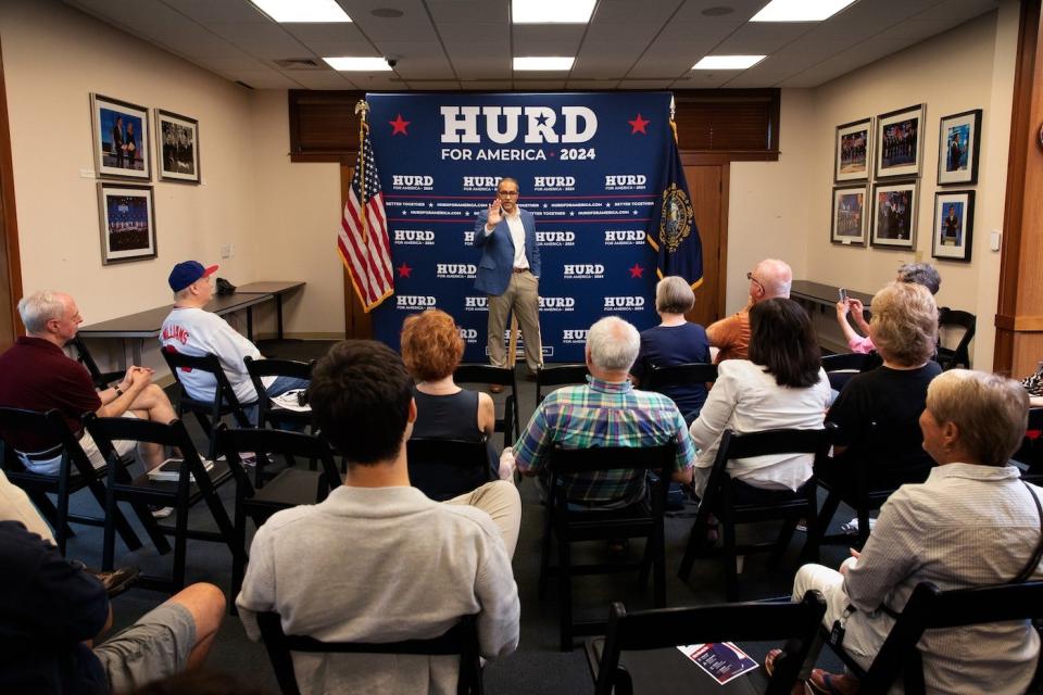 <span class="caption-text">Republican presidential candidate Will Hurd speaks to a group at the New Hampshire Institute of Politics in Manchester on July 21.</span><span class="credit">Greg Miller/Redux for The New Republic</span>