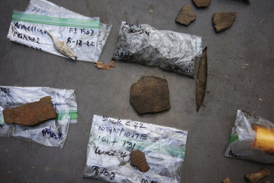 Bagged and tagged artifacts sit on a table at the University of North Florida archaeological team's Big Talbot Island State Park excavation, including pieces of patterned pottery.