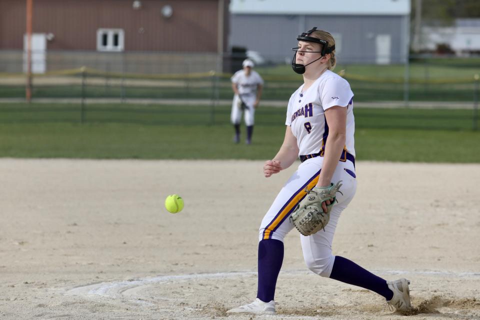 Aislynn Palmer lets go of a pitch during Hononegah's 10-5 in over Belvidere North on Monday, April 22, 2024, in Roscoe. Palmer was the winning pitcher, and also hit two home runs in the game.