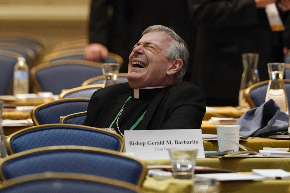 Gerald Barbarito, Bishop of the Catholic Diocese of Palm Beach, Fla., reacts before the start of the Fall General Assembly meeting of the United States Conference of Catholic Bishops, Tuesday, Nov. 16, 2021, in Baltimore.(AP Photo/Julio Cortez)