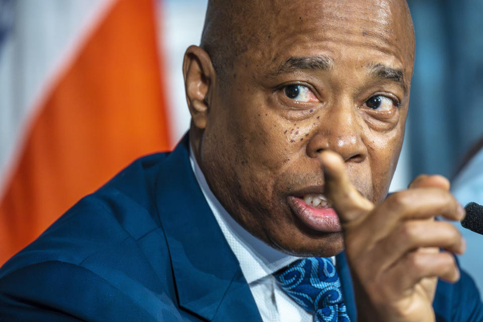 New York City Mayor Eric Adams speaks during a news conference at City Hall in New York, Tuesday, March 19, 2024. (AP Photo/Eduardo Munoz Alvarez)